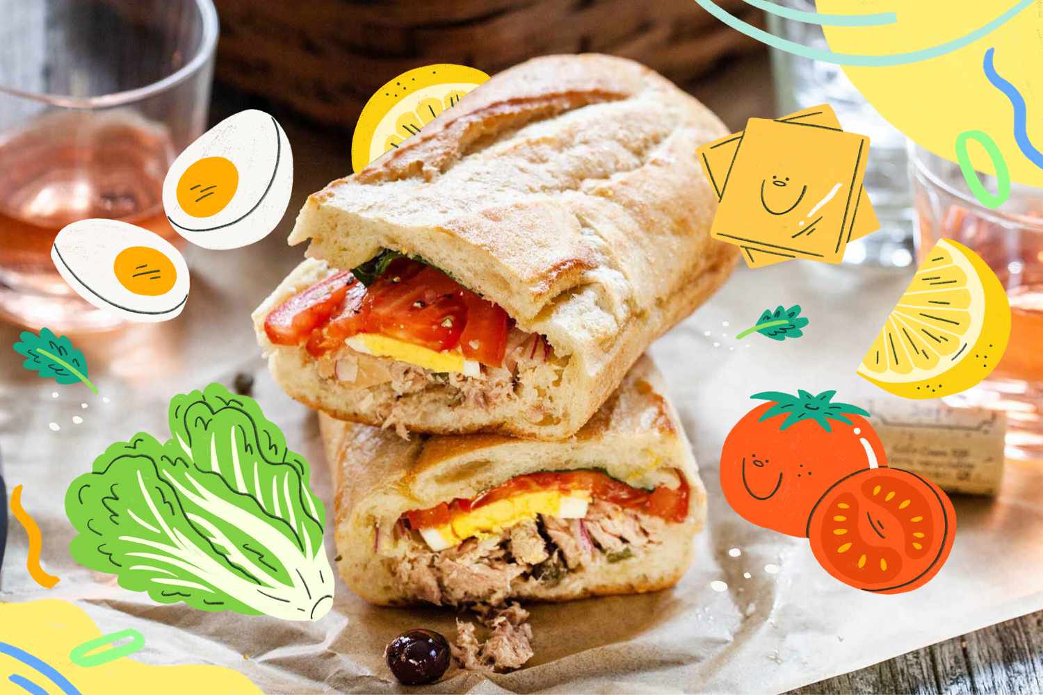 Baguette sandwiched stacked.