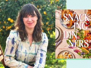 Georgia Freedman seated outdoors next to a book cover titled 'Snacking Dinners' with dishes on a table