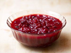 Cranberry sauce in a glass serving dish