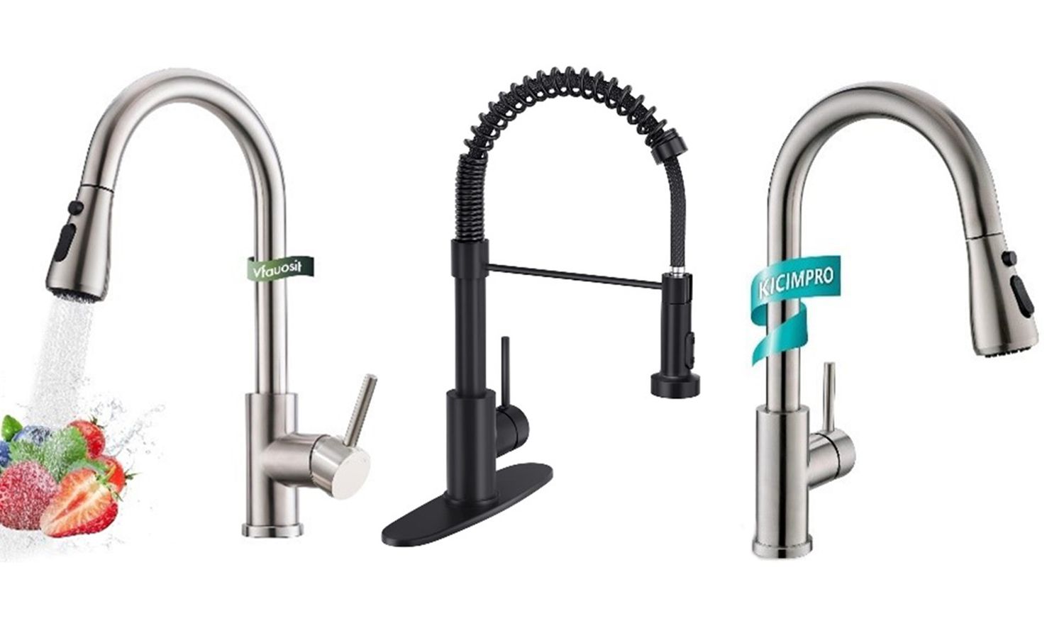 Three different kitchen faucets displayed, each with distinct design styles and features, including spraying functionality