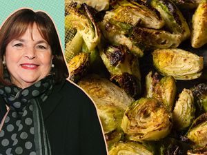An image compilation of Ina Garten and a closeup of roasted Brussels sprouts 