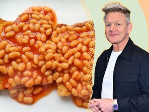 Gordon Ramsay cut-out over a color background and next to a photo of his favorite midnight snack (toast and beans)