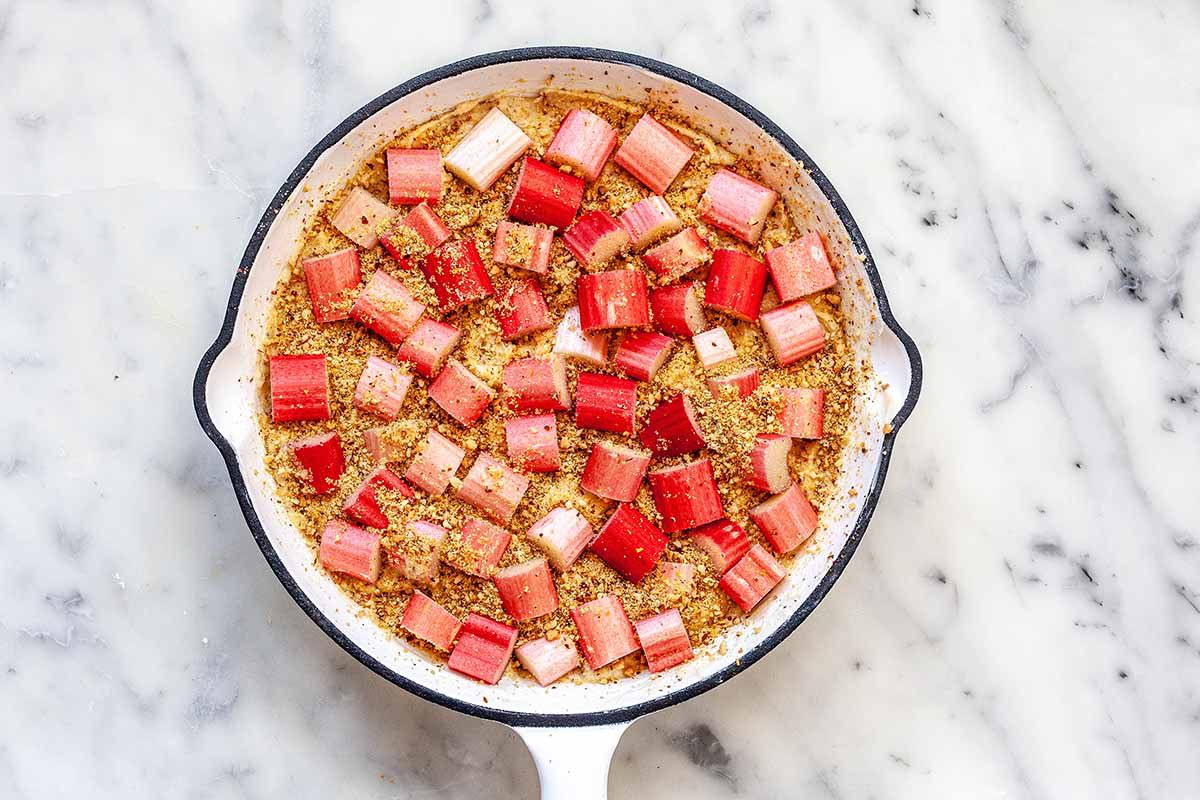 Rhubarb Cake Recipe - rhubarb cake in skillet