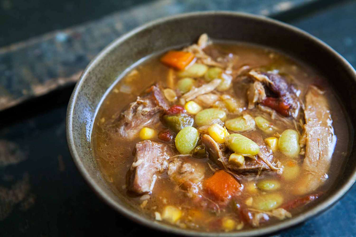 A bowl of kentucky burgoo ready to eat