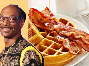 Snoop Dogg cut out next to an image of waffles and bacon