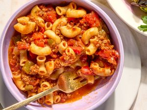 close-up view of American Chop Suey with a fork
