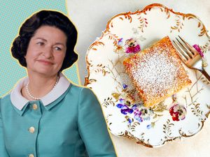 Lady Bird Johnson and a plate with a lemon square and a fork