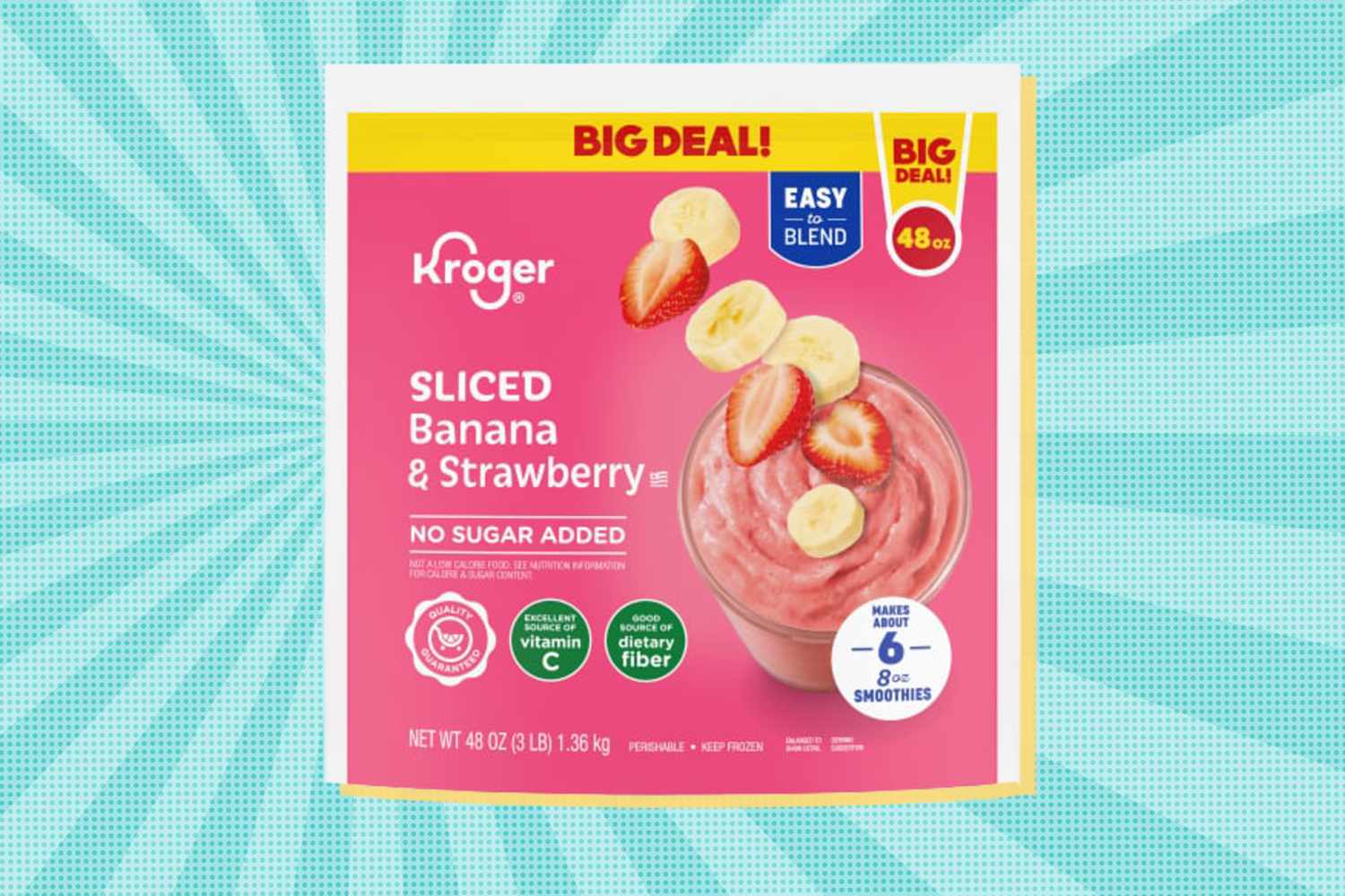 Packaging for Kroger Sliced Banana Strawberry blend highlighting features such as no sugar added and vitamin content