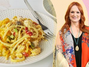 Ree Drummond next to an image of a serving of her Chicken Spaghetti on a small plate with a fork