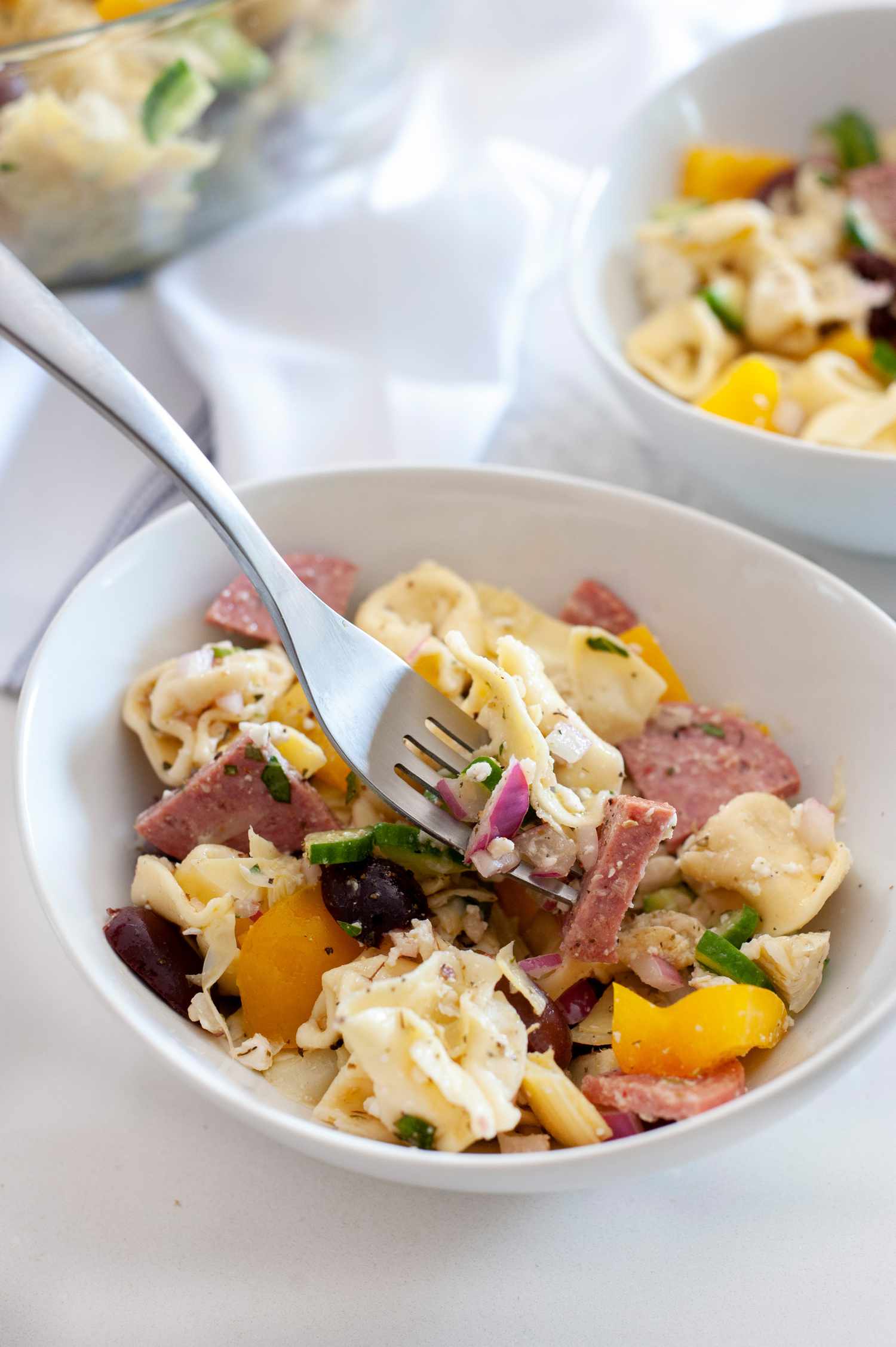 Serving of Tortellini Salad in a Bowl with a Fork