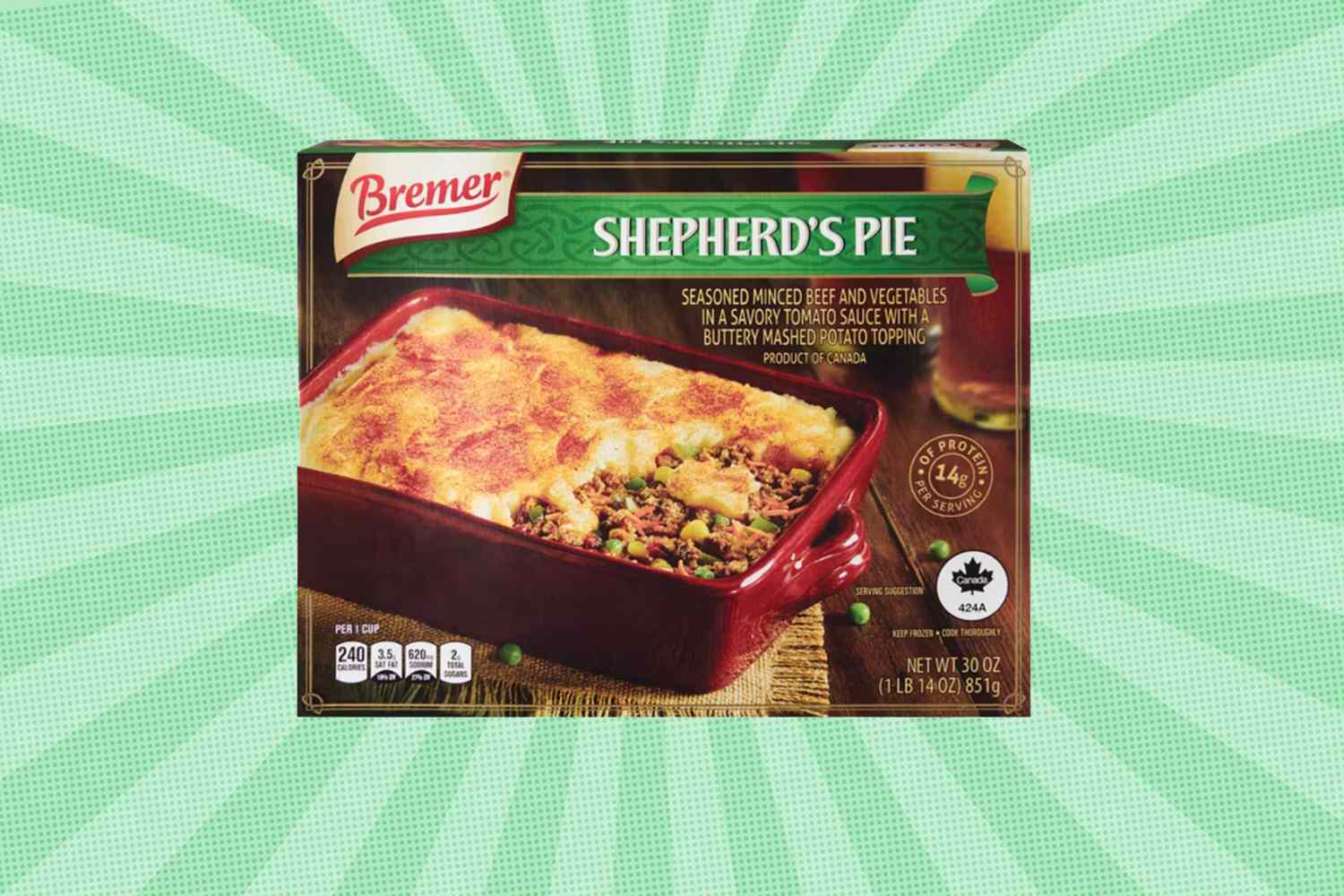Bremer Shepherds Pie packaging displayed on a green patterned background