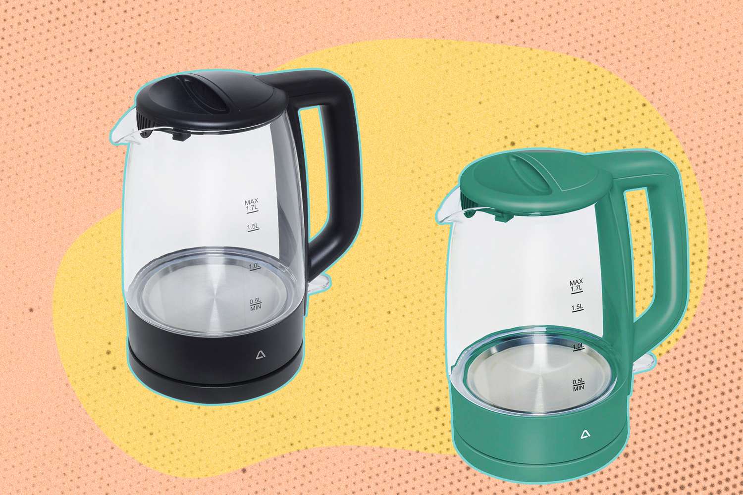Two glass tea kettles one with a black handle and base the other with a green handle and base displayed on a patterned background