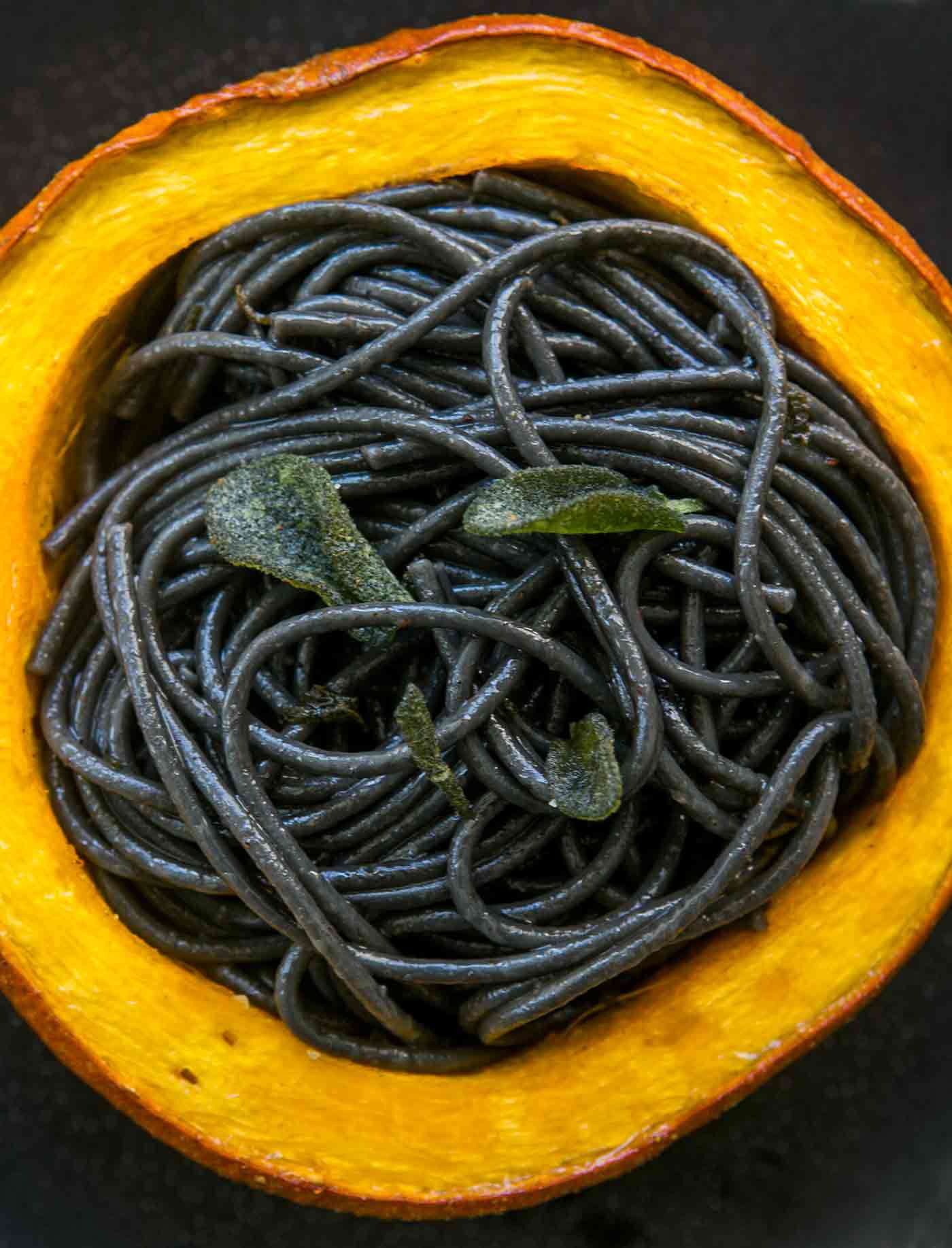 Squid Ink Pasta with Pumpkin in Browned Butter Sage Sauce