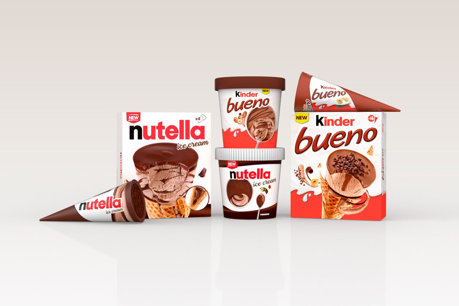 A selection of Nutella and Kinder Bueno ice cream products displayed together