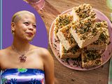 Portrat of Abi Balingit alongside platter of toasted pinipig marshmallow treats