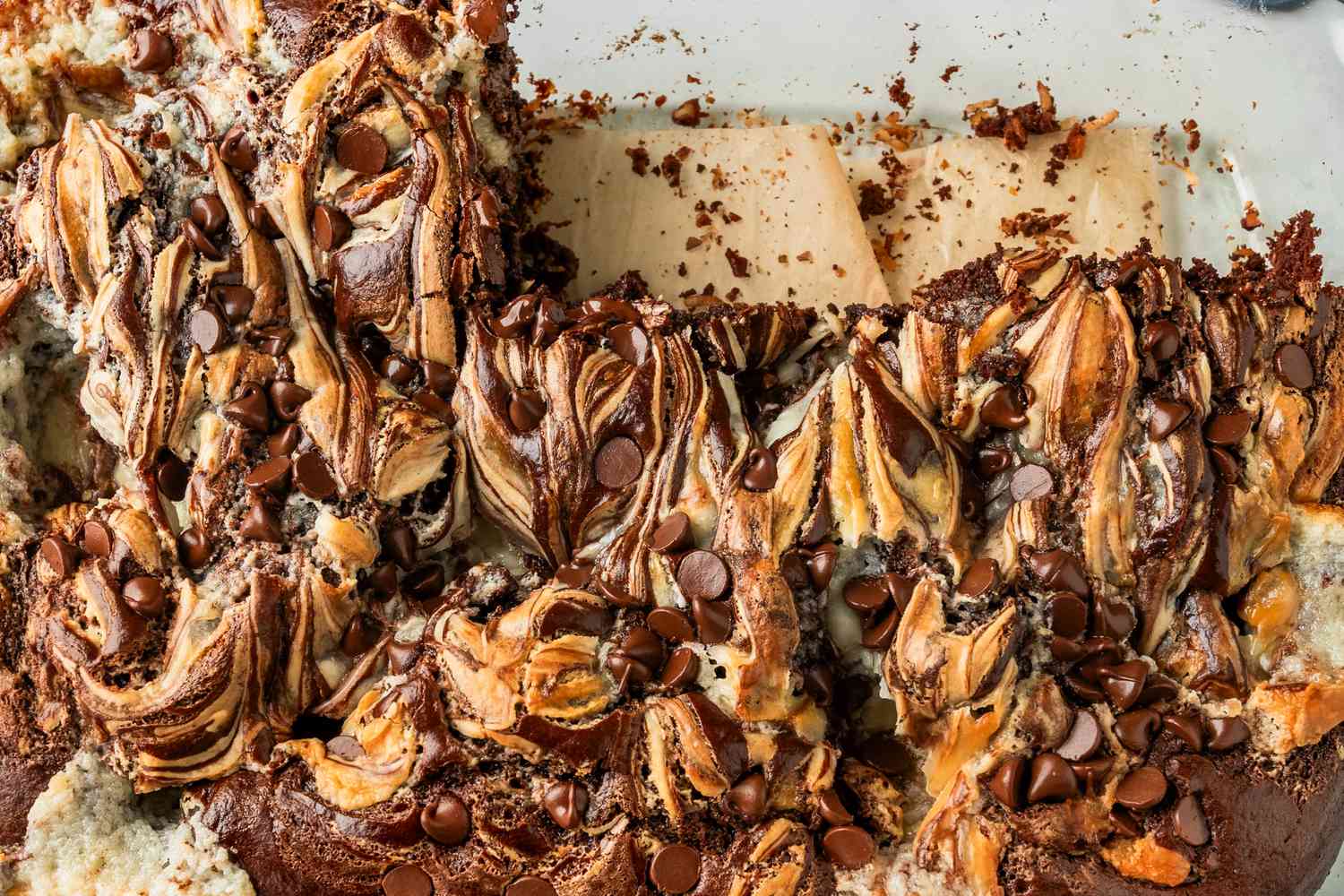 overhead shot of earthquake cake in pyrex dish