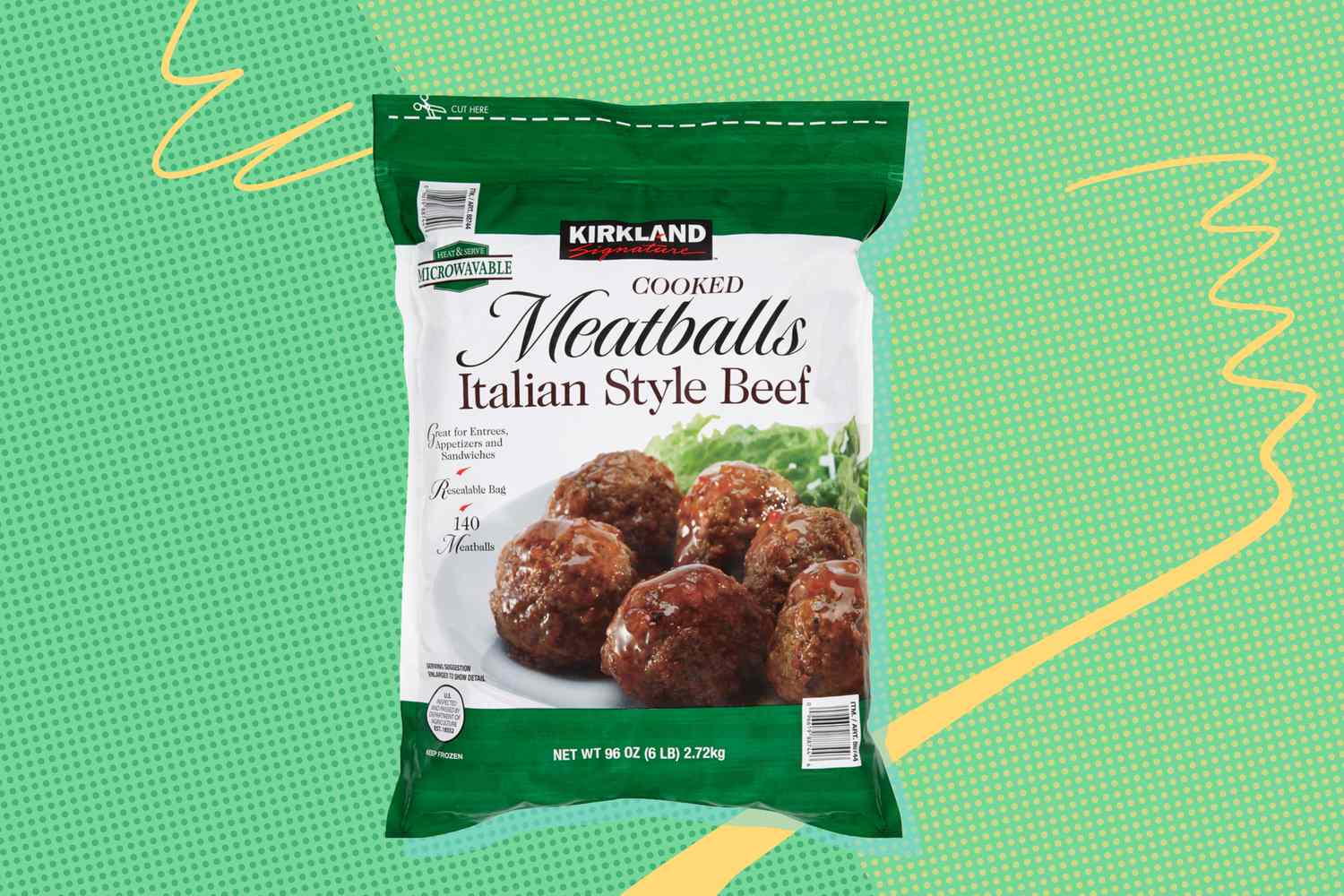 Package of Kirkland frozen Cooked Meatballs Italian Style Beef on a green speckled background with yellow curves