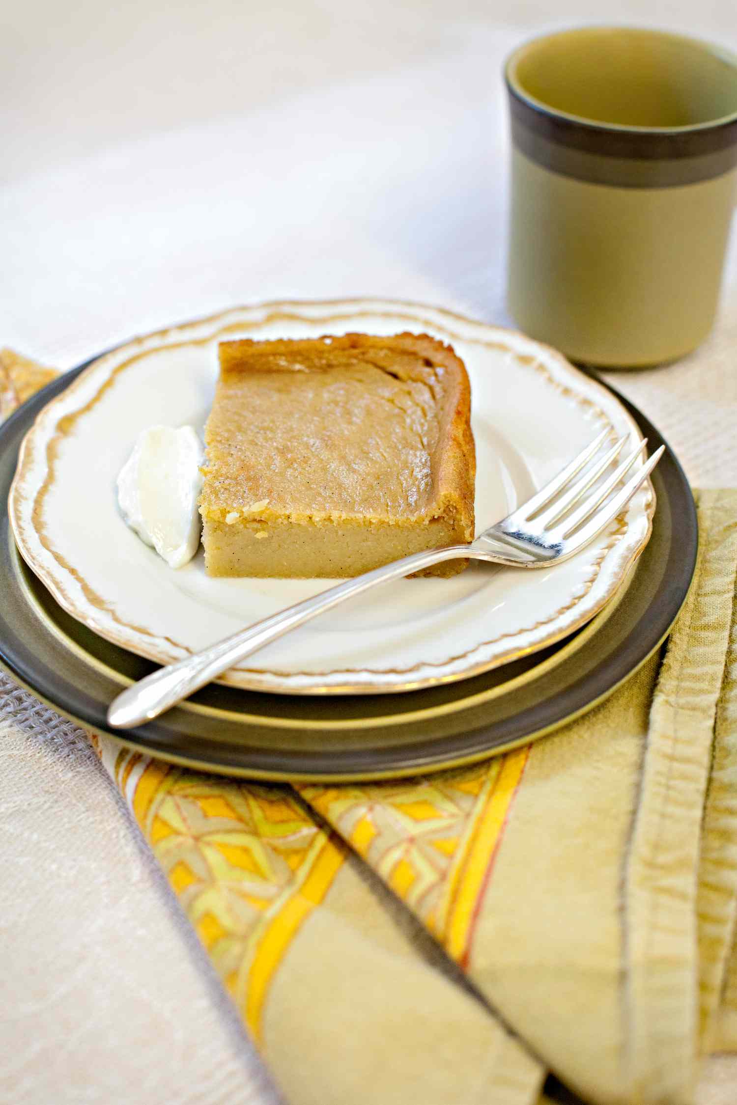 A slice of pawpaw pudding on a plate