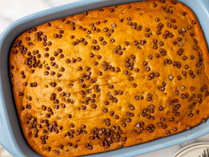 Pumpkin chocolate chip cake in a baking dish