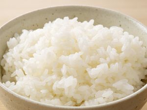A bowl filled with cooked white rice placed on a lightcolored surface
