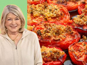 martha stewart cut out over a green background next to a photo of broiled tomatoes