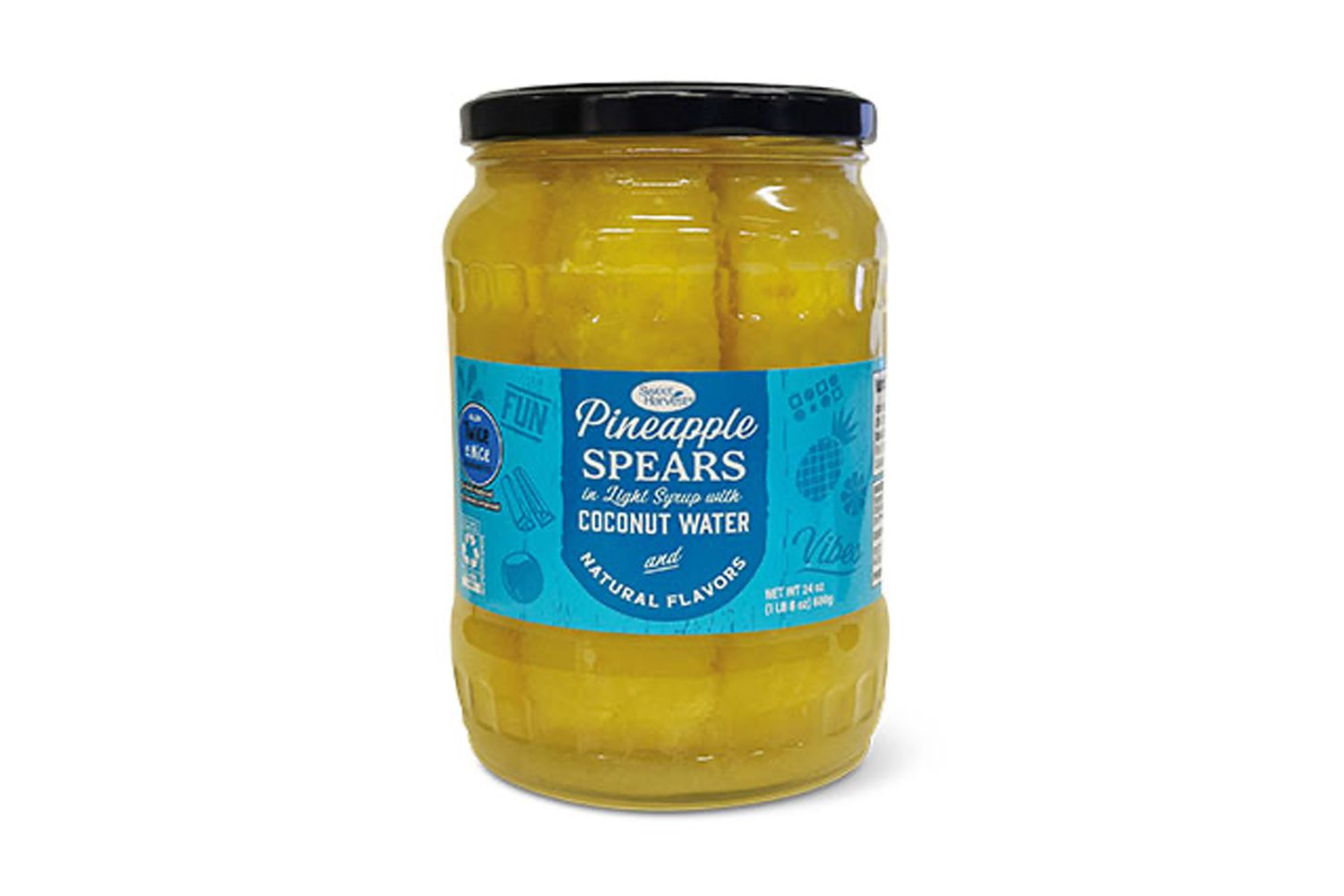 Jar of pineapple spears in light syrup with coconut water