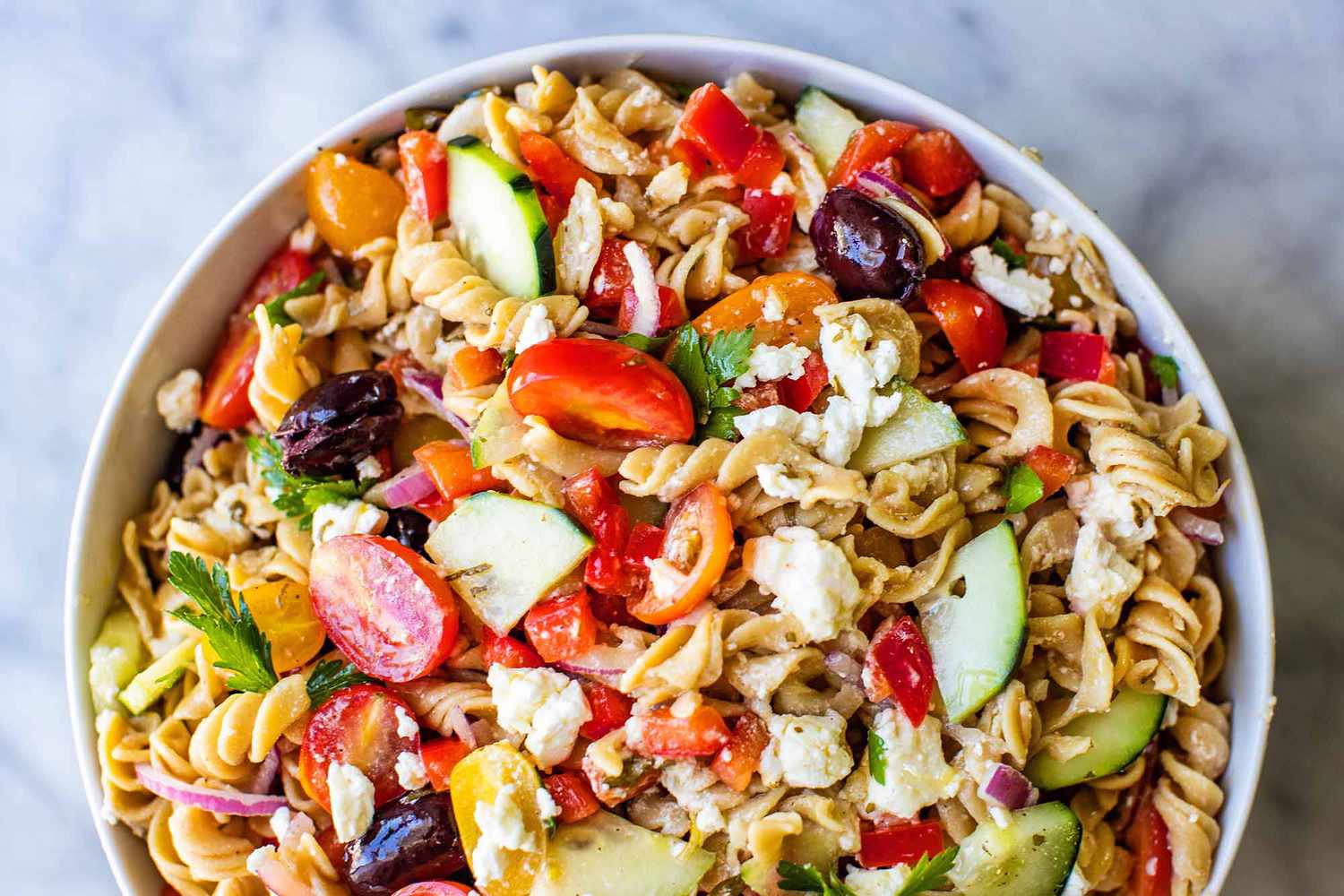 Greek Pasta Salad in a bowl