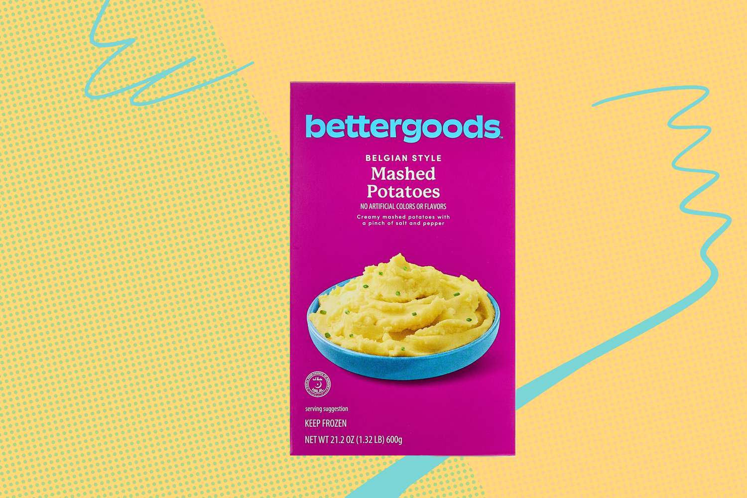 Bettergoods Belgian Style Mashed Potatoes packaging on a colorful background