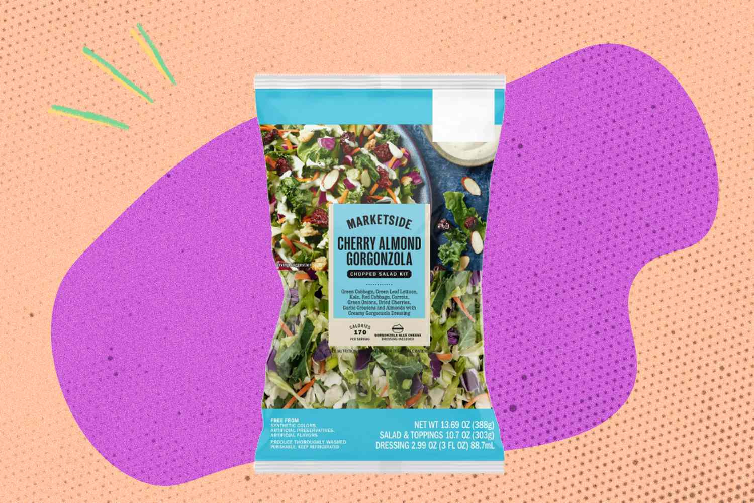 A packaged Cherry Almond Gorgonzola salad from Walmarts Marketside displayed against a colorful background