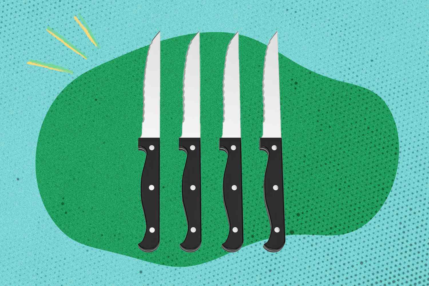 Four steak knives with black handles arranged on a green background with a dotted pattern and a blue overlay