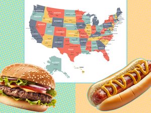 A map of the United States with a burger and hot dog in the foreground