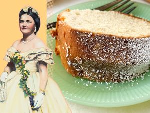 Mary Todd Lincoln depicted alongside an almond cake slice on a green plate