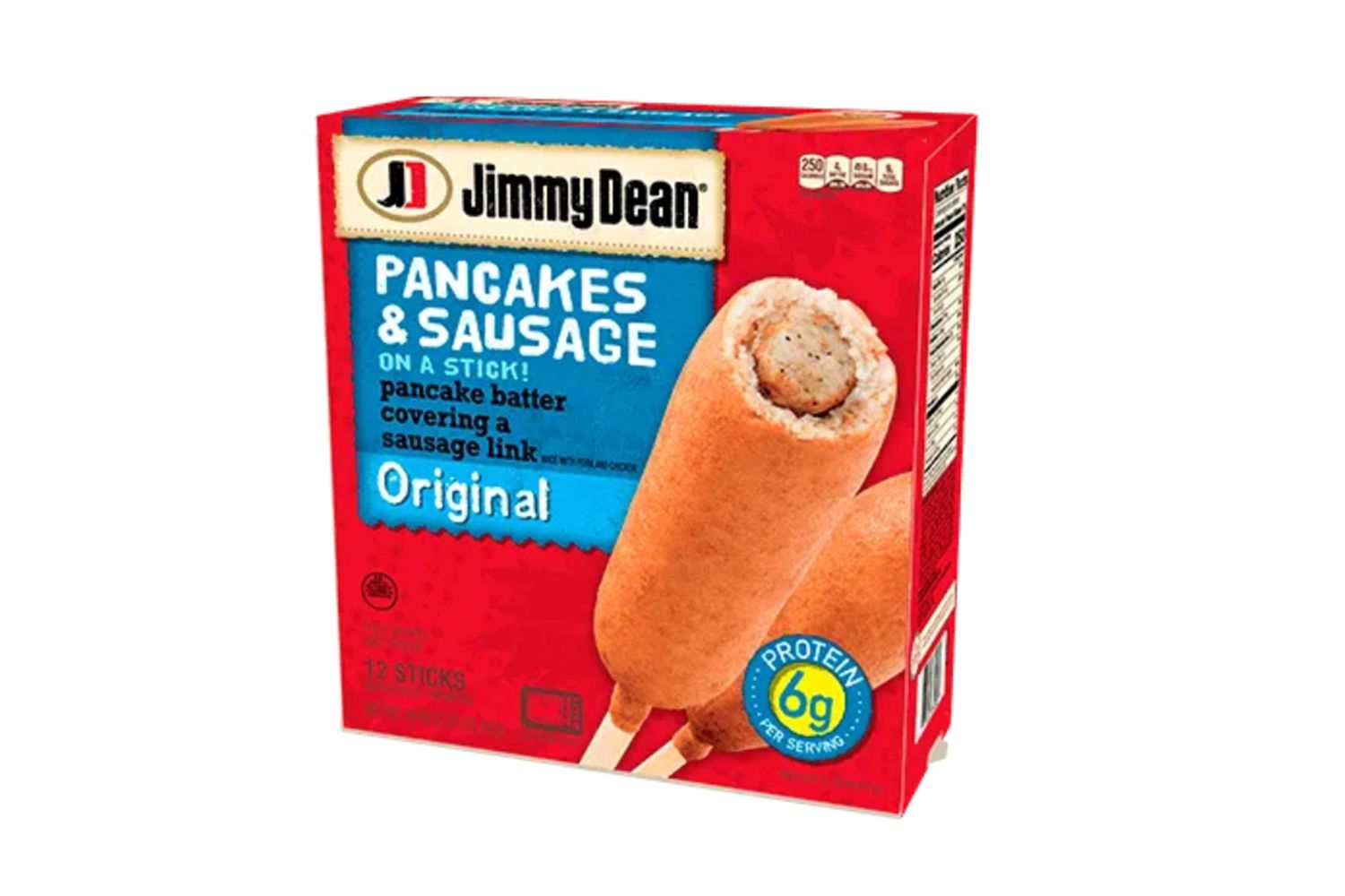 Jimmy Dean Pancakes Sausage Original product packaging showing pancake coated sausage on a stick