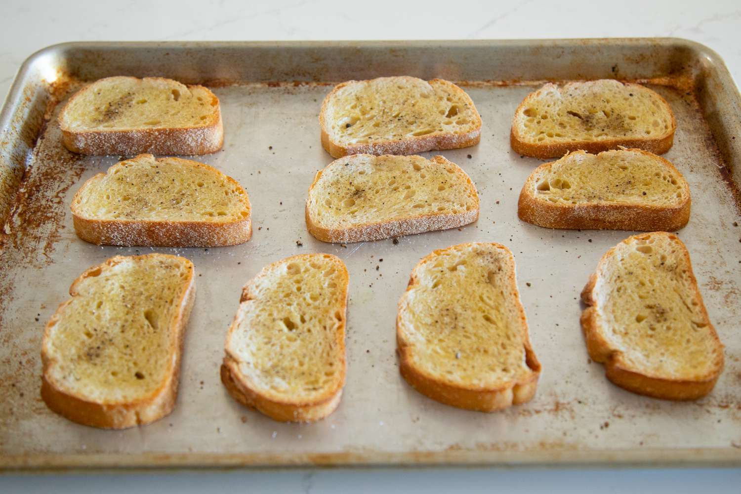 Bread on a Baking Sheet for Whipped Ricotta Toast 