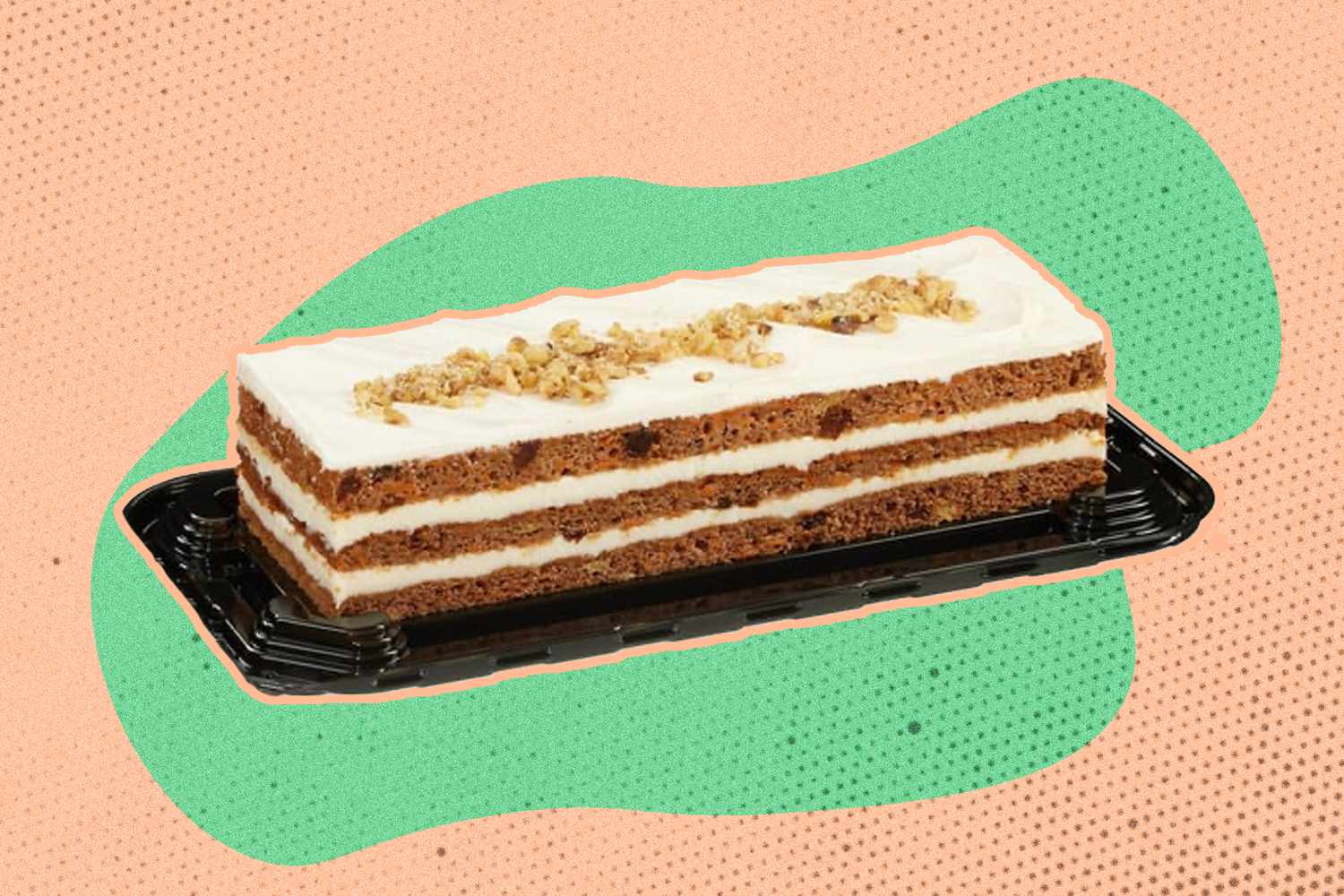 Costco Carrot Bar Cake on a green and orange speckled background
