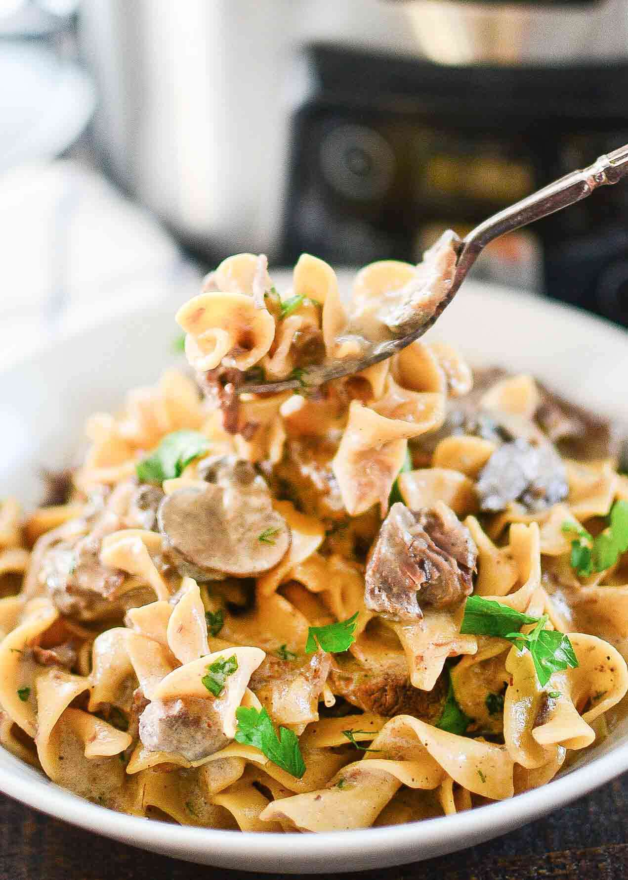 Easy Beef Stroganoff made in a Slow Cooker and served in a bowl