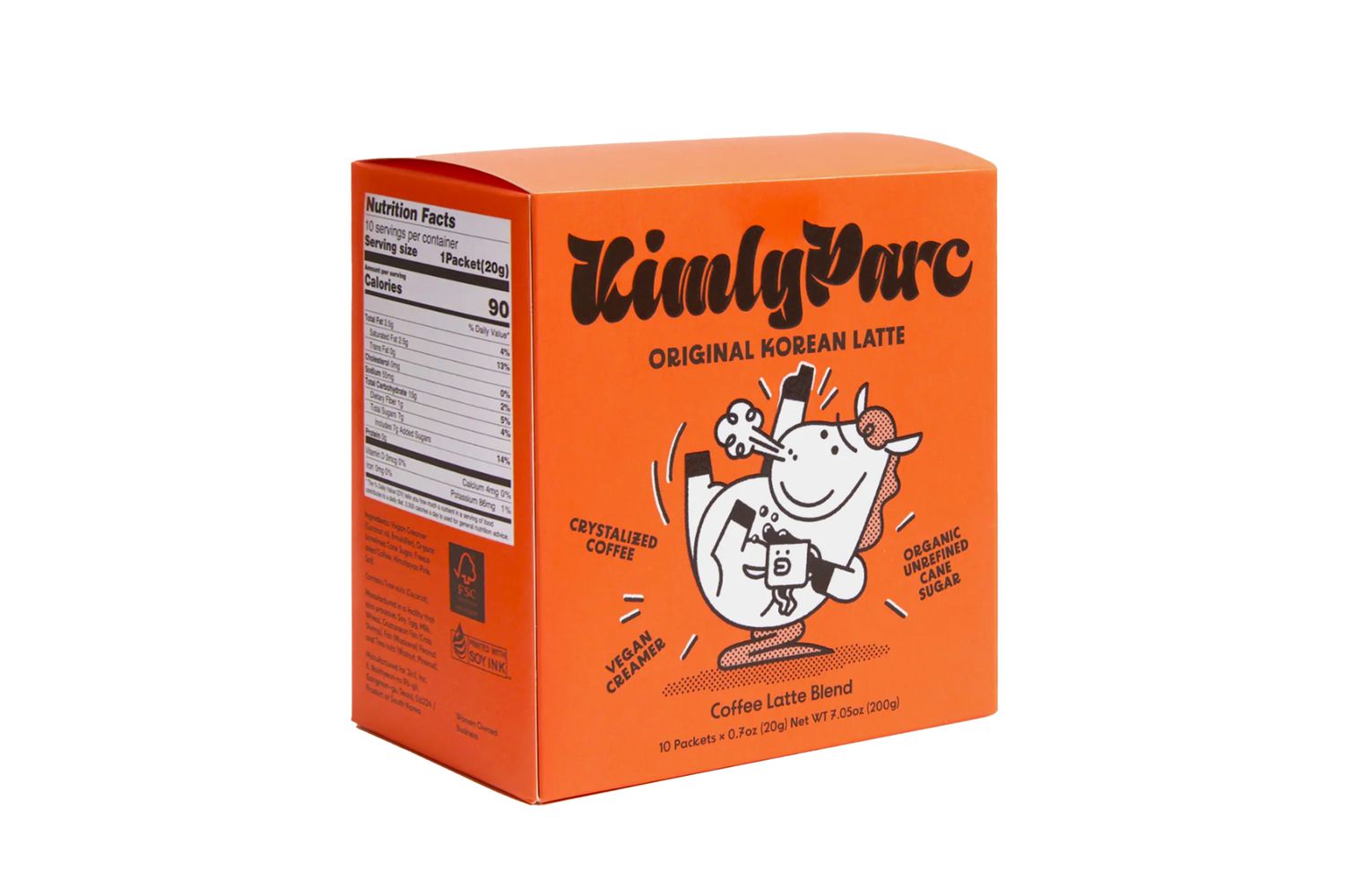 A box of KimlyParc brand original Korean latte showing a cartoon cow on the box