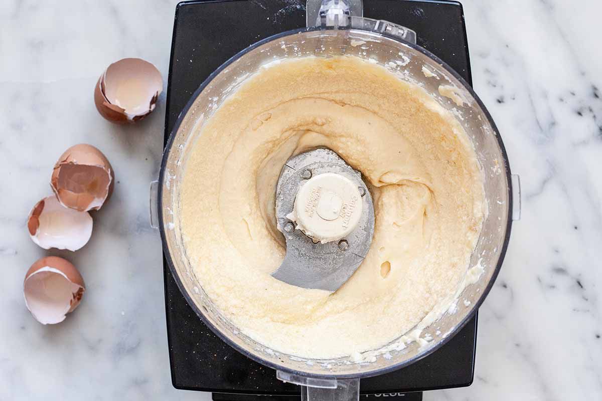 Skillet Cake with Rhubarb - rhubarb cake batter in food processor