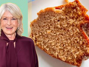 Martha Stewart alongside a slice of cake