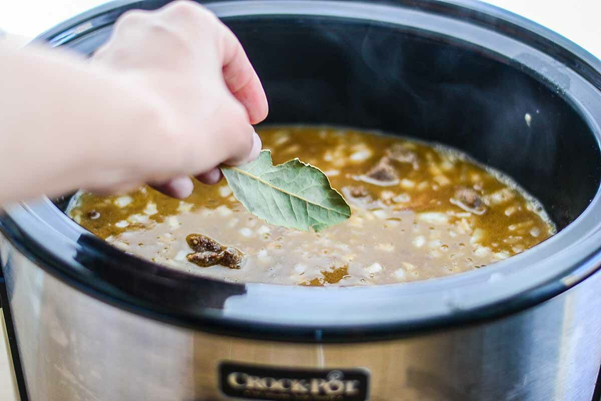 Add a bay leaf to the crockpot for slow cooker beef stroganoff