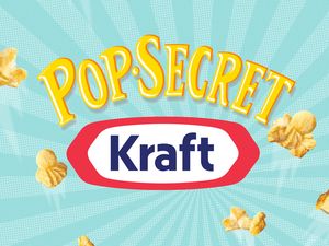 Pop Secret and Kraft logos with popcorn pieces scattered in the background