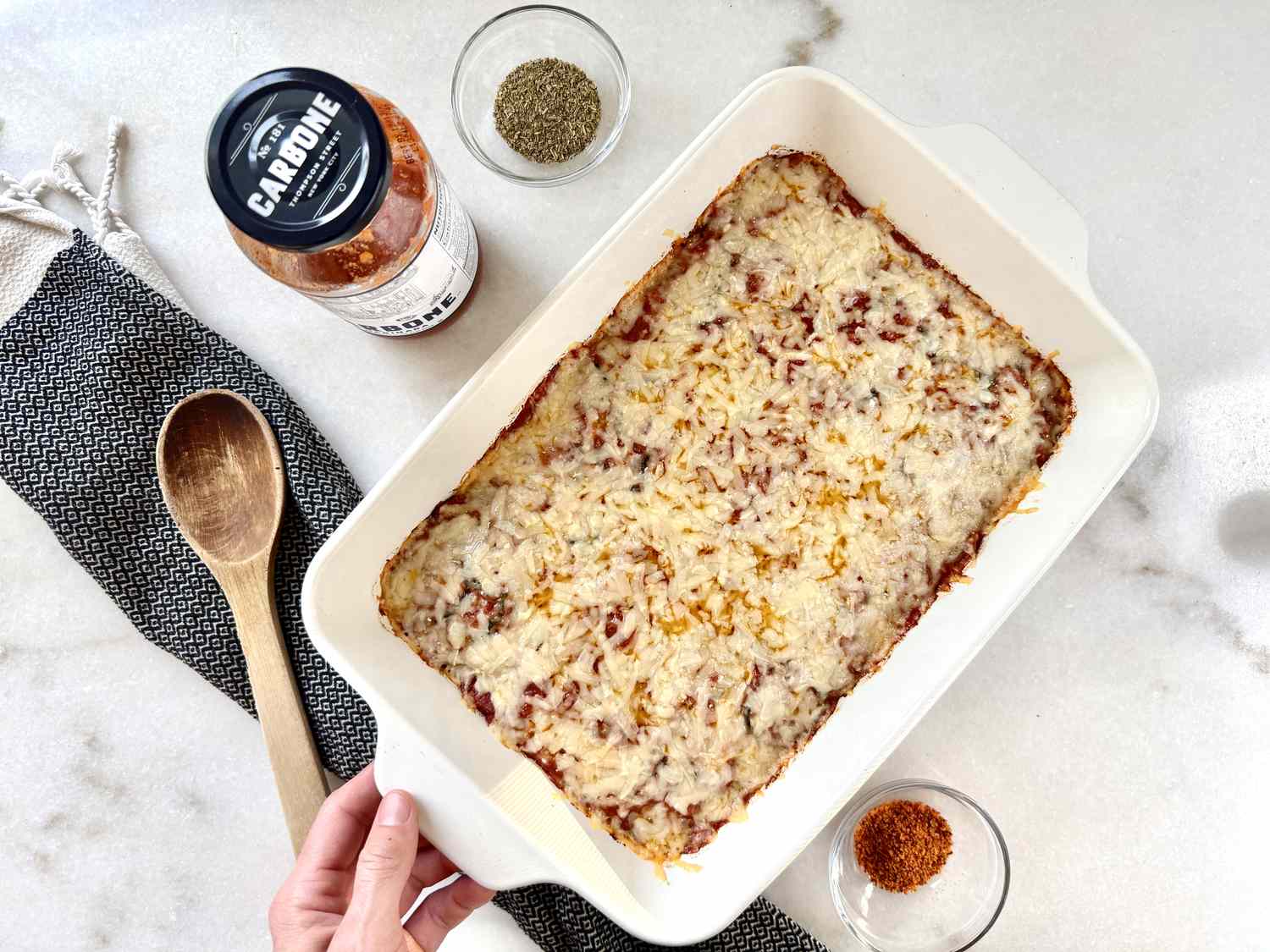 Overhead shot of a casserole dish with Stanley Tucci's 4-ingredient casserole