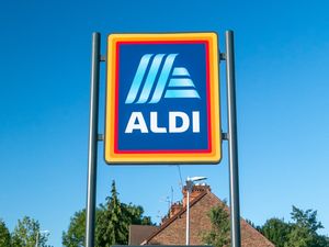 A sign with the Aldi logo displayed on a post in front of clear sky and trees