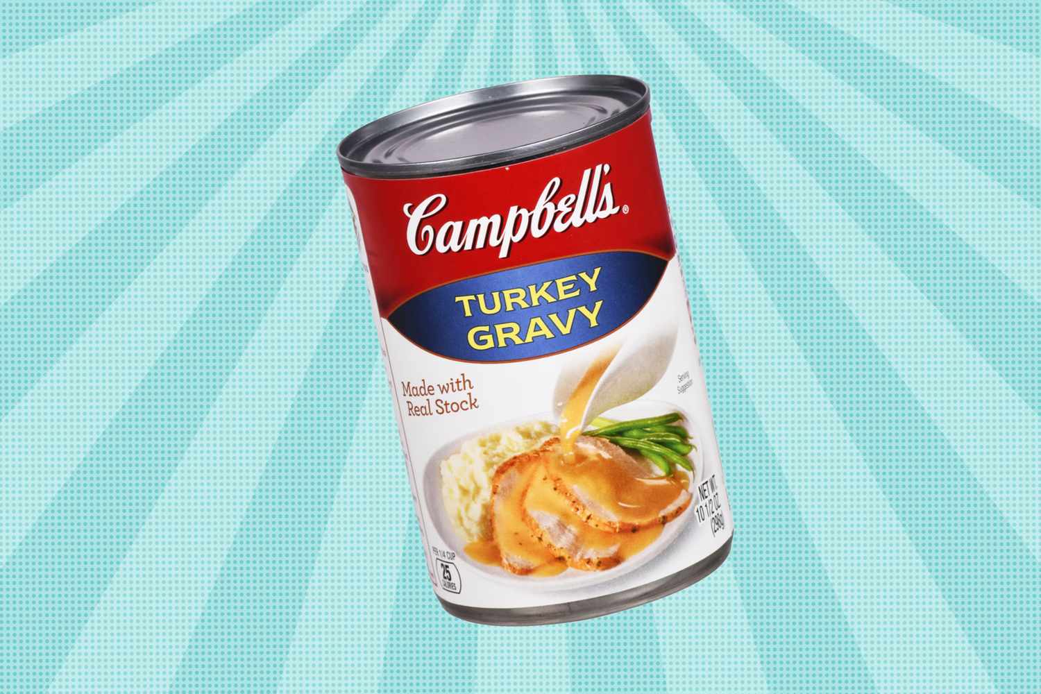 A can of Campbells Turkey Gravy against a teal radial background