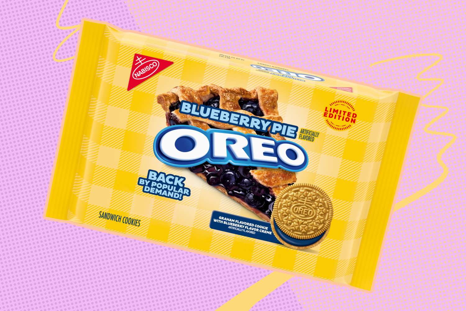 Blueberry Pie flavored Oreo cookie package on a pink and yellow background