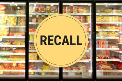 Frozen food section with a circle reading Recall overlayed on the image emphasizing the subject of food product recalls
