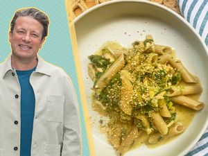 Jamie Oliver with pasta in a bowl