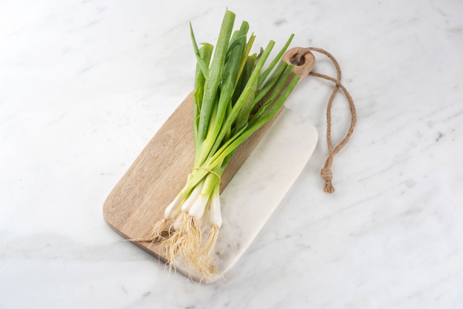 A bunch of fresh green onions on a small cutting board with a rope handle, placed on a marble surface