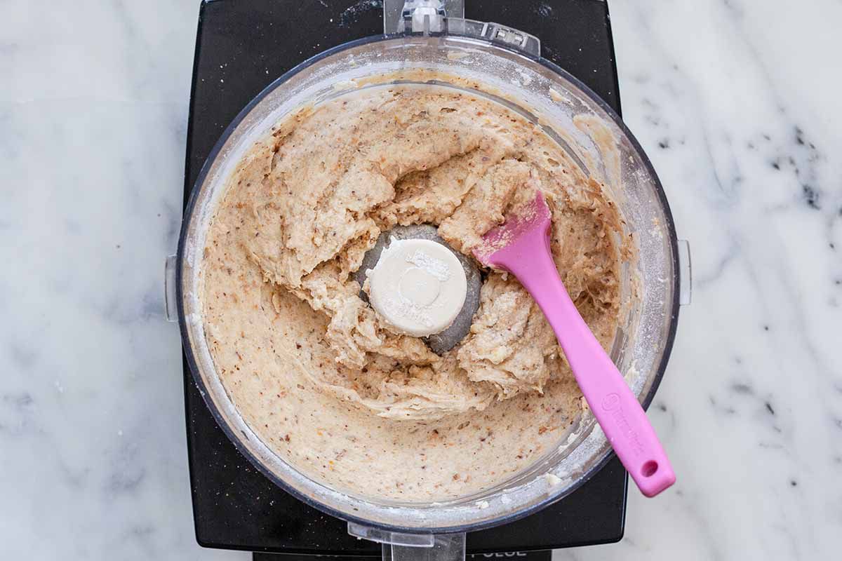 Rhubarb Cake Recipe - rhubarb cake batter in food processor