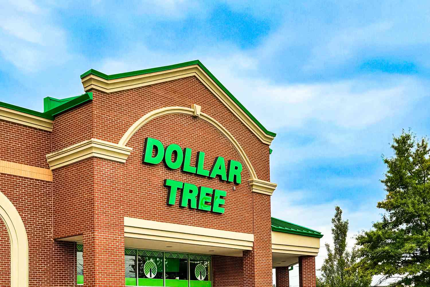 Dollar Tree storefront, brick archway and green branding